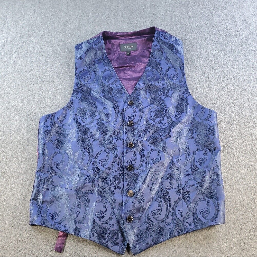 Duchamp London Men's Navy Paisley Jacquard Vest Waistcoat Size 40 Purple Lining